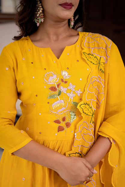 Yellow embroidered dress worn by a person